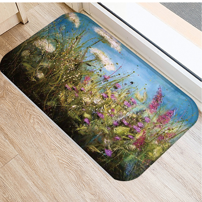 Various flower oil painting pattern flannel non-slip floor mat