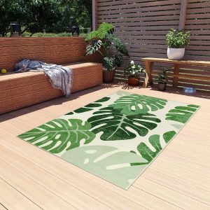 Modern Soft Tropical Monstera Green Leaf Living Room Rug Large Non-Slip Washable