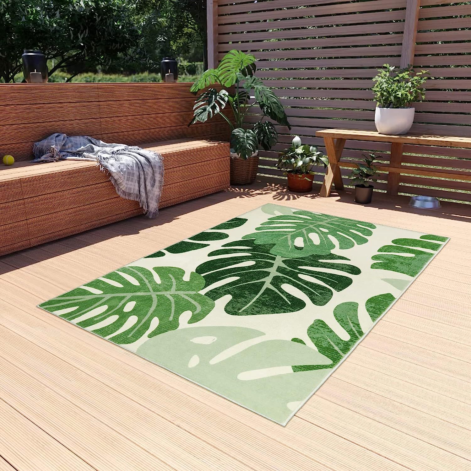 Modern Soft Tropical Monstera Green Leaf Living Room Rug Large Non-Slip Washable