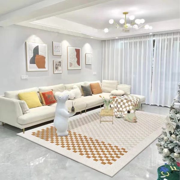 Large Modern Checkerboard Living Room Rug Washable Non-Slip Soft Low Pile Stain Resistant