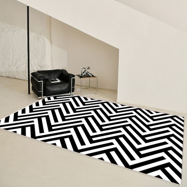 Black and White Striped Checkerboard Faux Cashmere Living Room Rug