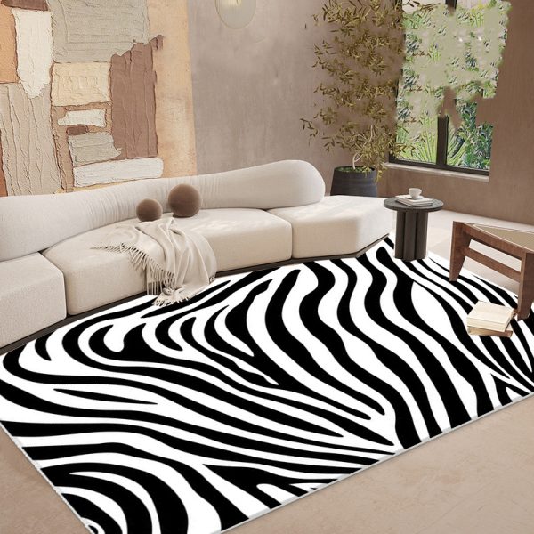 Black and White Striped Checkerboard Faux Cashmere Living Room Rug