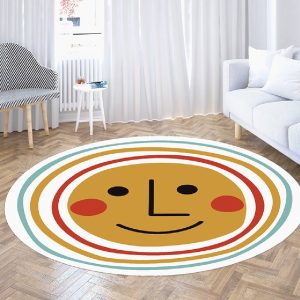 Imitation Cashmere Round Cartoon Cute Smiley Face and Kitten Living Room Rug