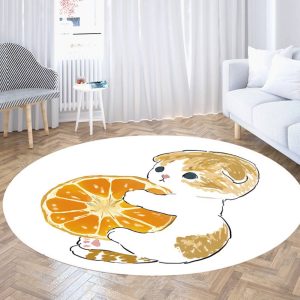 Imitation Cashmere Round Cartoon Cute Smiley Face and Kitten Living Room Rug