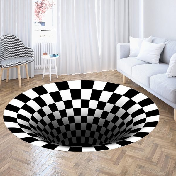 3D Illusion Vertigo Black and White Checkered Round Living Room Rug