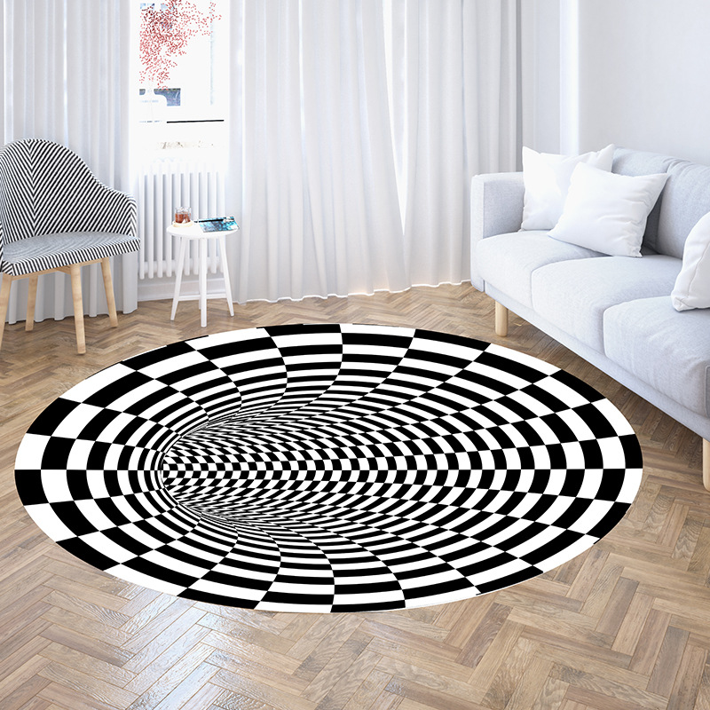 3D Illusion Vertigo Black and White Checkered Round Living Room Rug