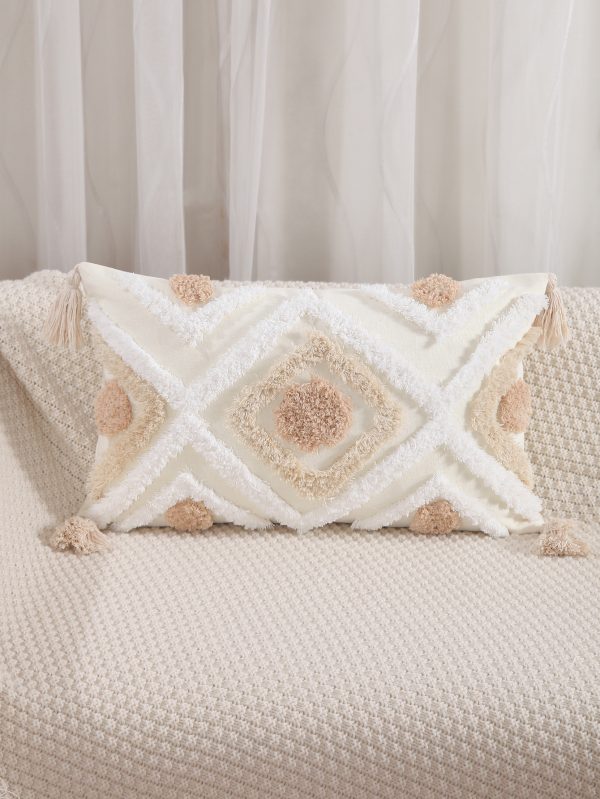 Bohemian Geometric Plush Velvet Pillow Cover - Tassel Trim, Home Decor Lumbar Cushion, Minimalist Style