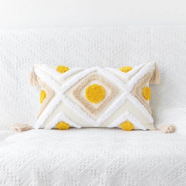 Bohemian Geometric Plush Velvet Pillow Cover - Tassel Trim, Home Decor Lumbar Cushion, Minimalist Style