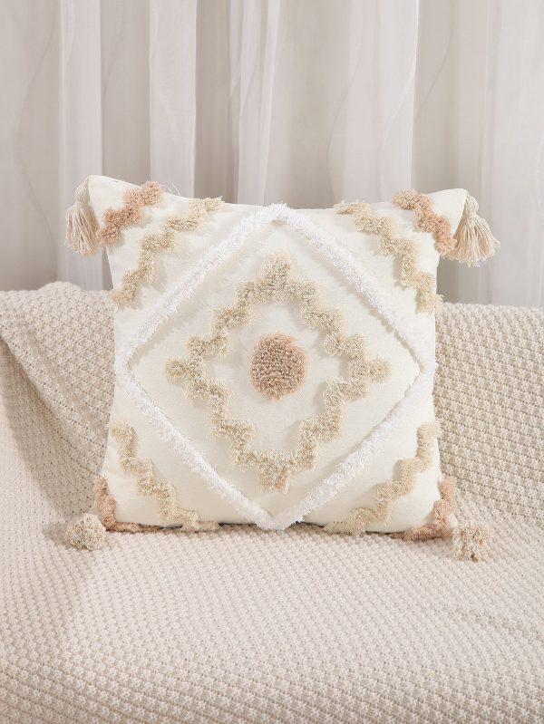 Bohemian Geometric Plush Velvet Pillow Cover - Tassel Trim, Home Decor Lumbar Cushion, Minimalist Style