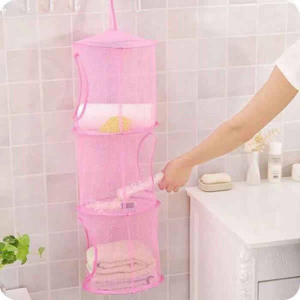 3 Compartments Mesh Foldable Hanging Storage Basket Bag