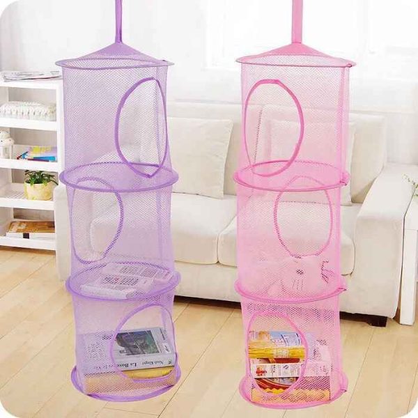 3 Compartments Mesh Foldable Hanging Storage Basket Bag
